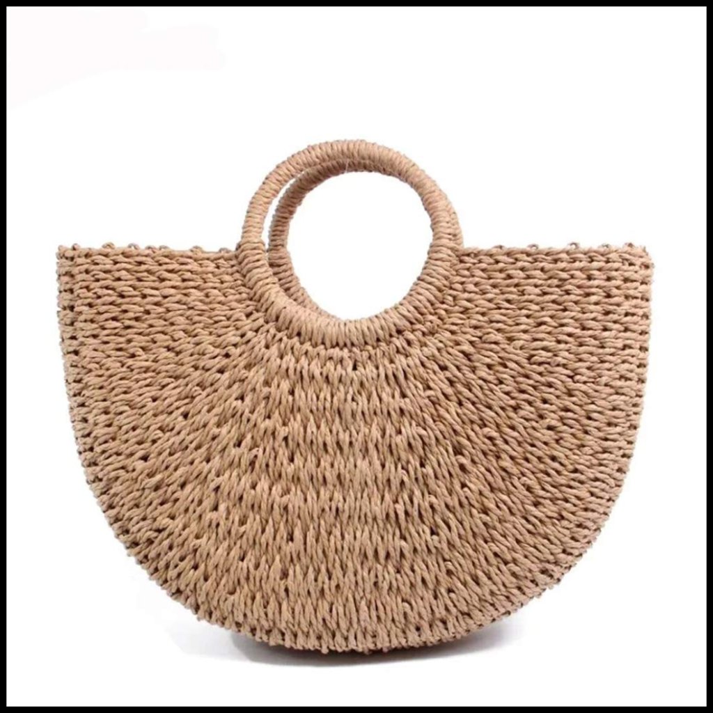 Handwoven Straw Tote Bag Elegant Beach Vacation Summer Boho Chic Drawstring